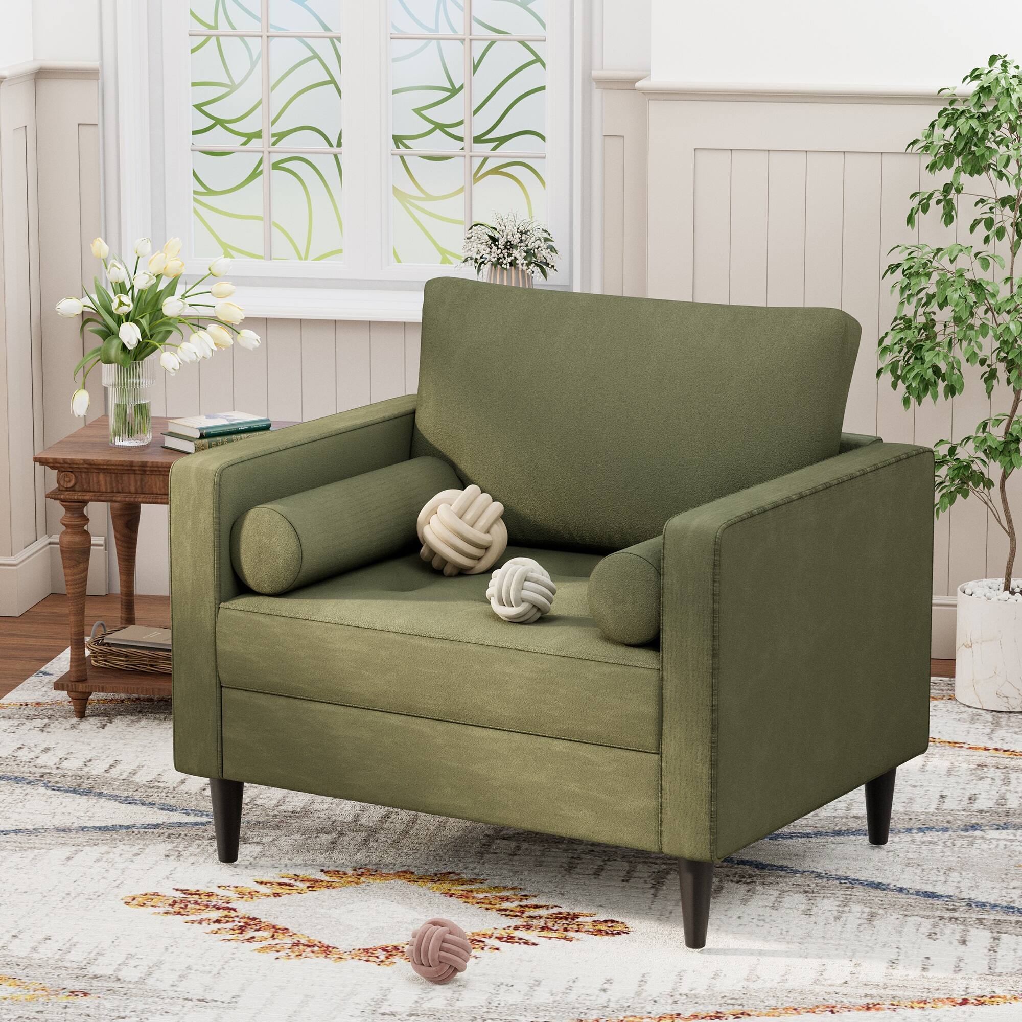 Angle. U-HOMY - Velvet Accent Chair with Pillows – Plush Sofa Chair for Living Room, Bedroom & Office, Tufted Comfy Reading Chair - Green.