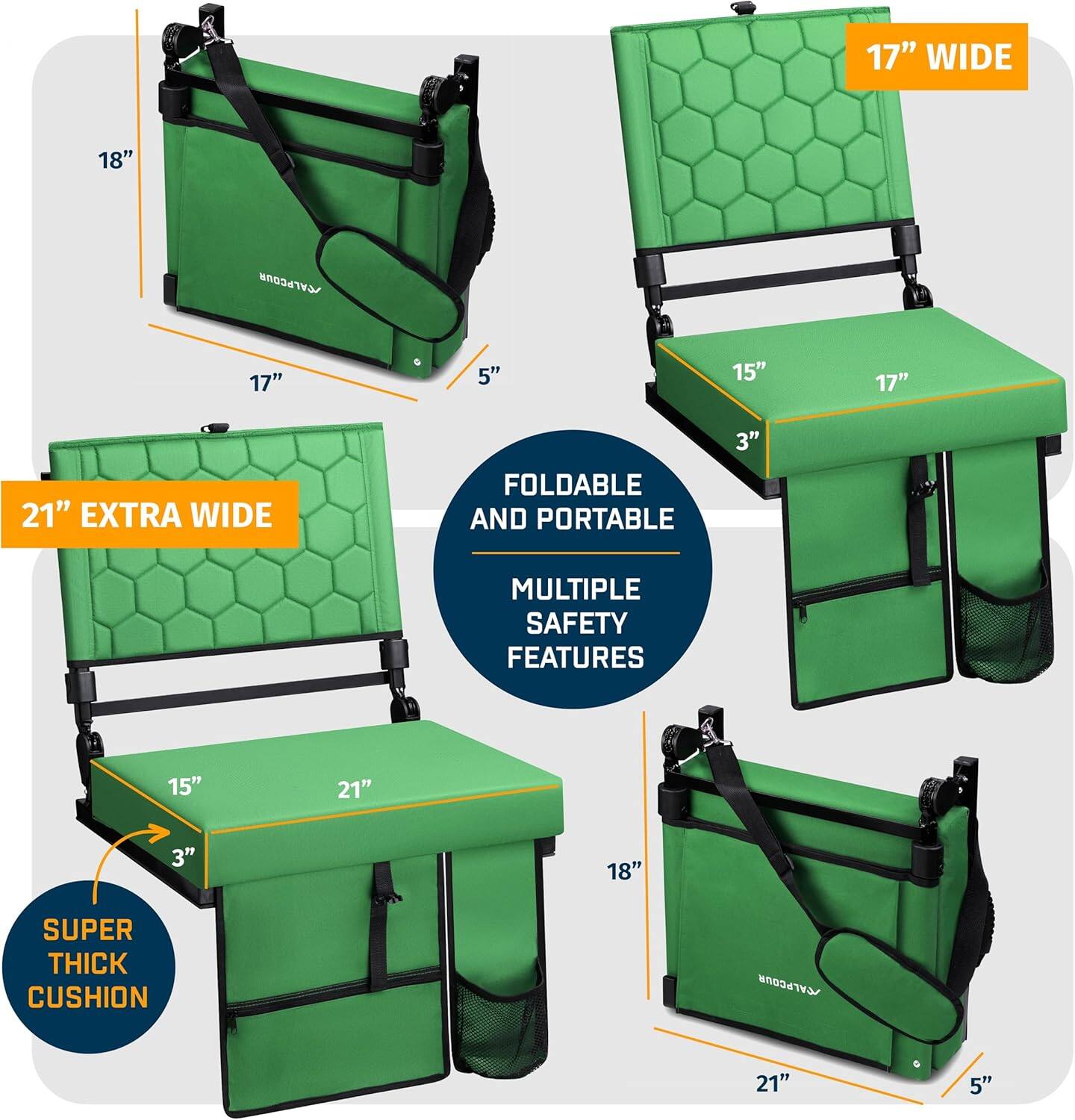 - 17" WIDE
- 18"
- 17"
- 5"
- 15"
- 17"
- 21"
- 21" EXTRA WIDE
- 15"
- 21"
- 3"
- 18"
- 17" WIDE
- 15"
- 17"
- 3"
- 21"
- 5"

- FOLDABLE AND PORTABLE
- MULTIPLE SAFETY FEATURES
- SUPER THICK CUSHION