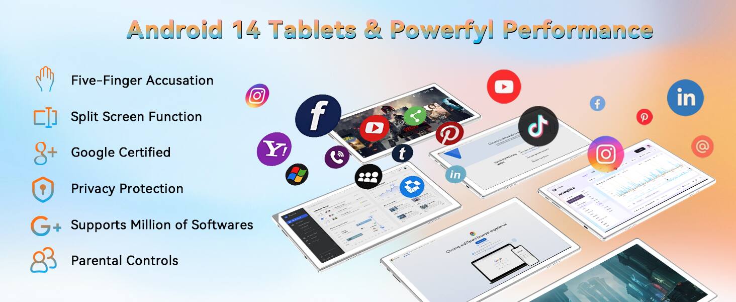 Android 14 Tablets & Powerful Performance

- Five-Finger Accusation
- Split Screen Function
- Google Certified
- Privacy Protection
- Supports Millions of Softwares
- Parental Controls