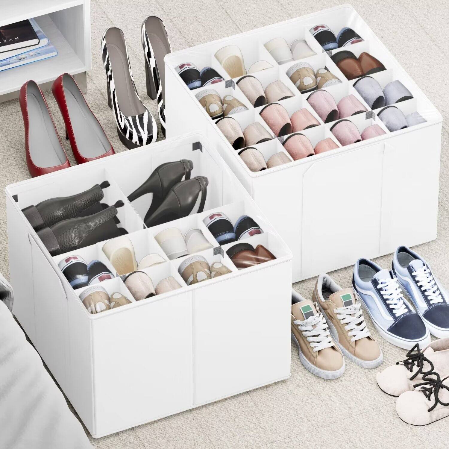 Front. Tooloton - Foldable Shoe Organizer Storage Box, 2-Pack with Adjustable Dividers, Holds 16-32 Pairs, for Closet (White) - White.
