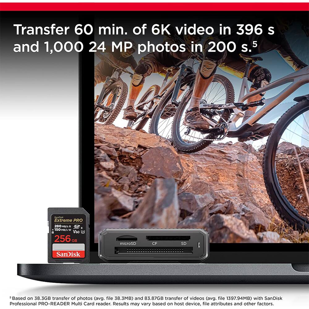 Transfer 60 min. of 6K video in 396 s and 1,000 24 MP photos in 200 s.  
5  
SanDisk Extreme PRO 280 /1  
150 MB/s  
V60  
E3  
256 GB  
SanDisk microSD CF SD  

Based on 38.3GB transfer of photos (avg. file 38.3MB) and 83.87GB transfer of videos (avg. file 1397.94MB) with SanDisk Professional PRO-READER Multi Card reader. Results may vary based on host device, file attributes and other factors.