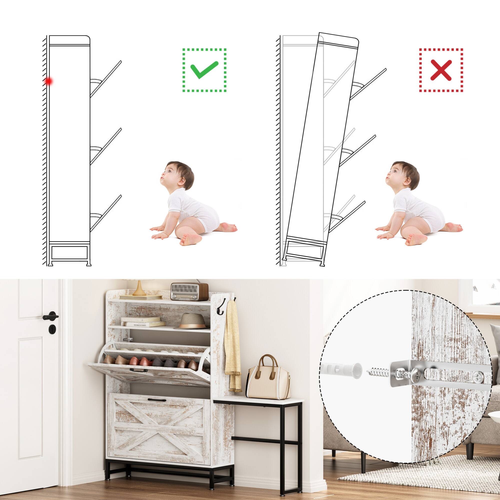 Alt View 1. GOODSILO - Farmhouse Style Shoe Storage Cabinet with Flip Drawers and Adjustable Shelves for Entryway Organization - White.