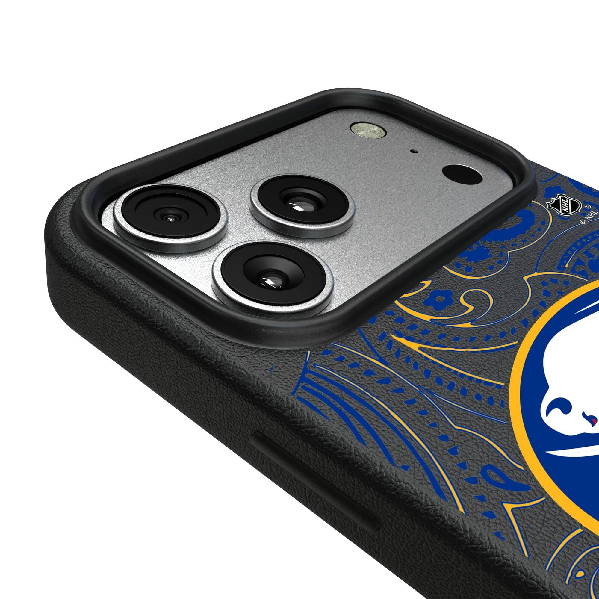 Alt View 2. Keyscaper - Black Buffalo Sabres Paisley iPhone Magnetic Bump Case - 15 Pro Max - Black.