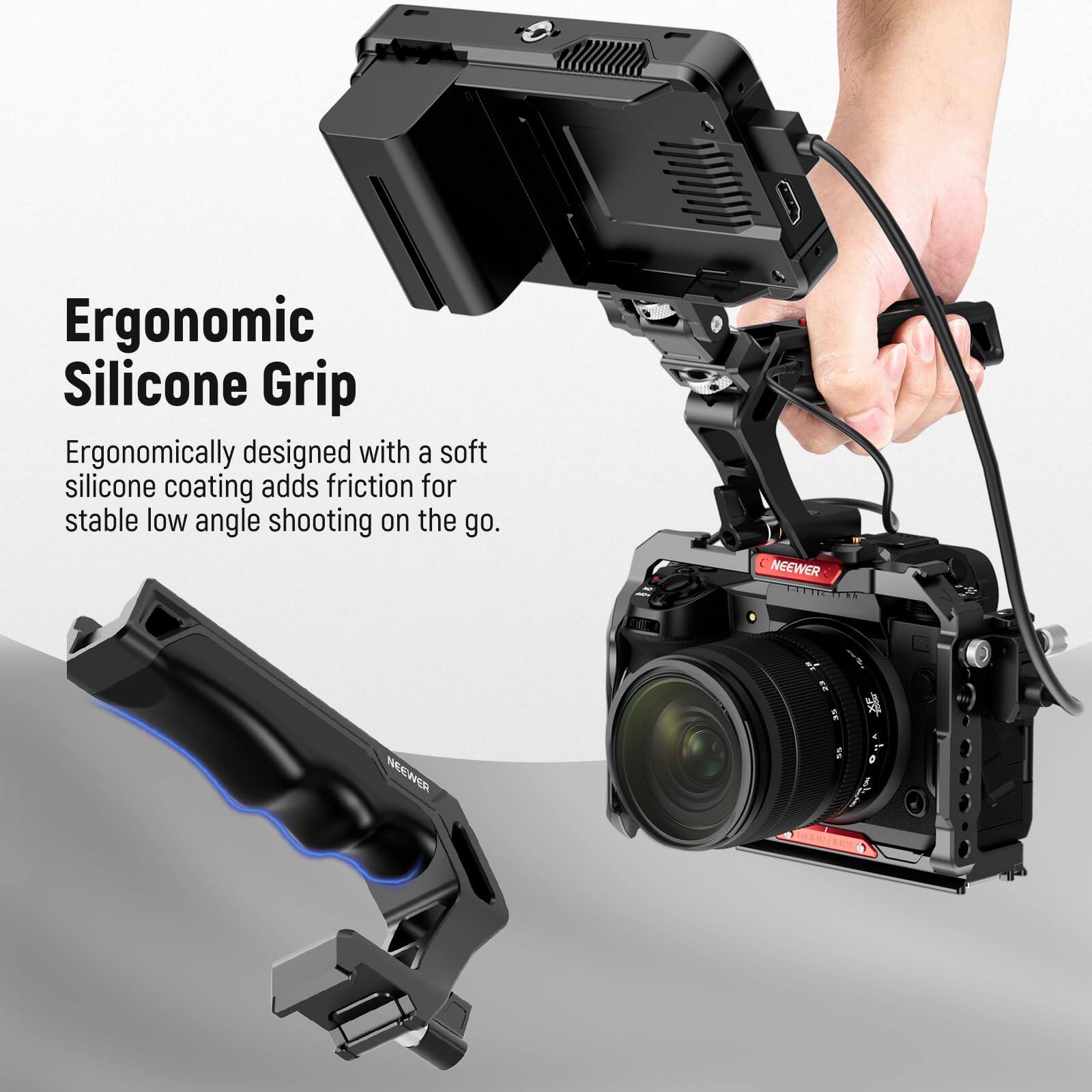 Ergonomic Silicone Grip

Ergonomically designed with a soft silicone coating adds friction for stable low angle shooting on the go.

NEEWER T1
