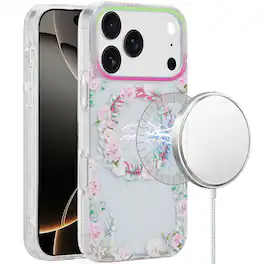 Kitcheniva - IMD Dual Layer Magnetic Circle Cover Phone Case With Tempered Glass For iPhone 17 Pro Max Green Floral - Pink