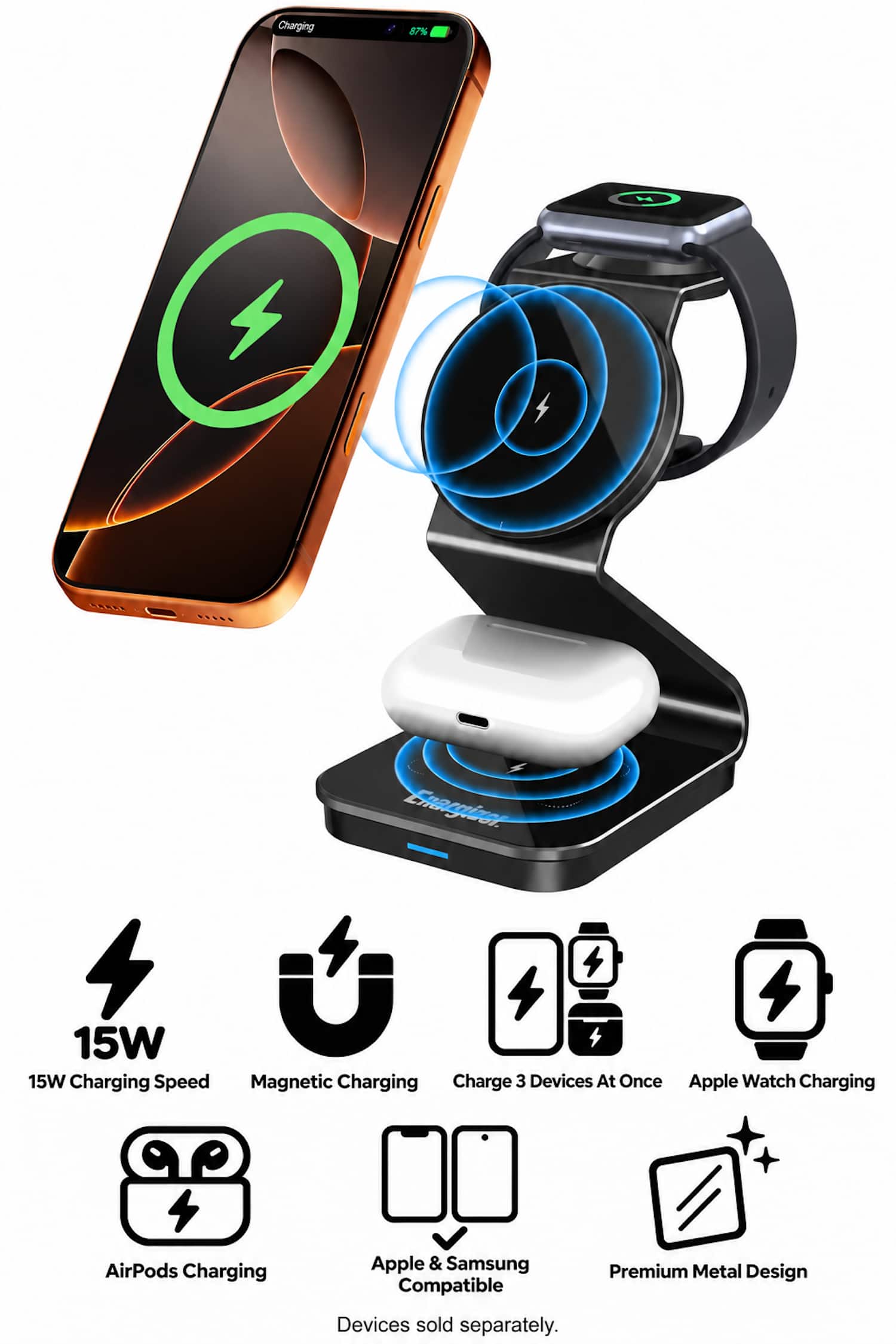 Energizer - 3-in-1 Metal 15W Magnetic MagSafe/Qi2 15W, Universal Charging Station/Stand for Phones + AirPods + Apple Watch - Black