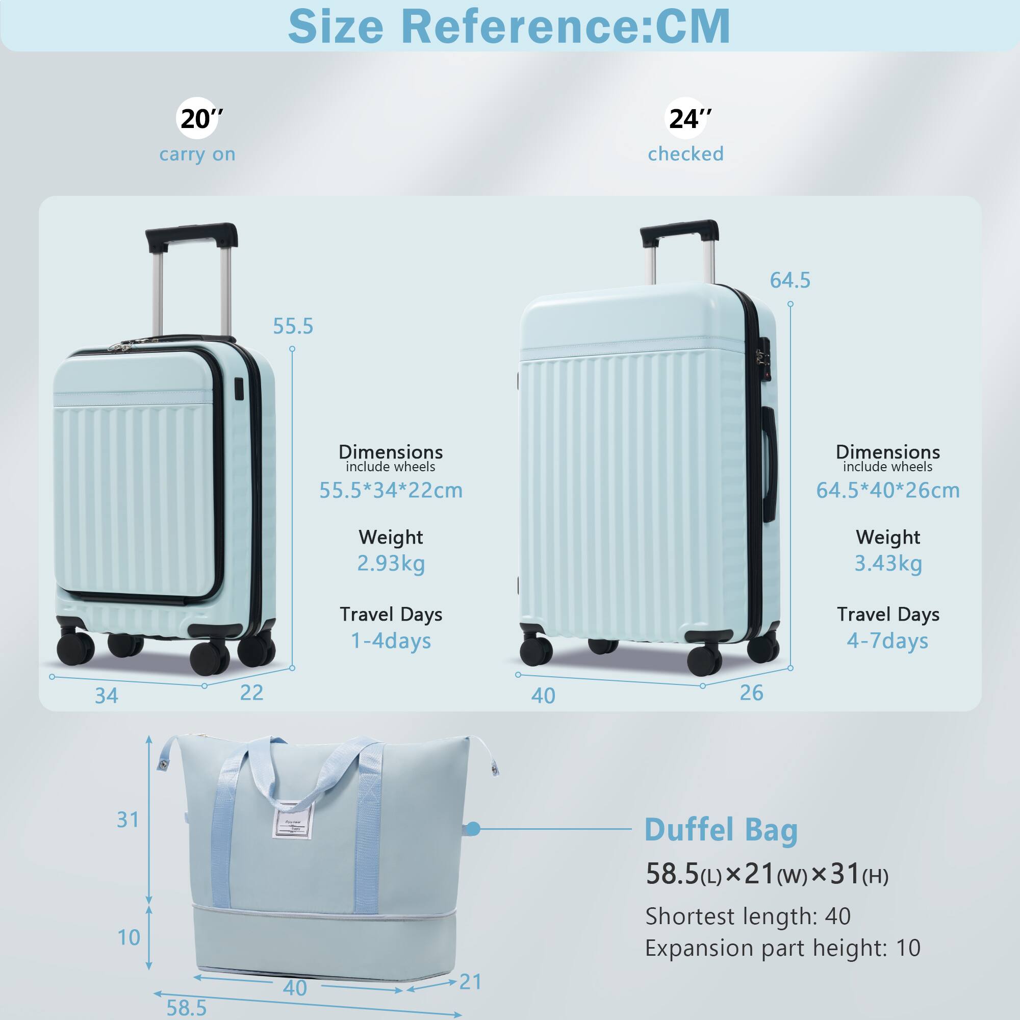 Size Reference: CM

20" carry on  
Dimensions include wheels: 55.5*34*22cm  
Weight: 2.93kg  
Travel Days: 1-4 days

24" checked  
Dimensions include wheels: 64.5*40*26cm  
Weight: 3.43kg  
Travel Days: 4-7 days

Duffel Bag  
58.5(L) x 21(W) x 31(H)  
Shortest length: 40  
Expansion part height: 10