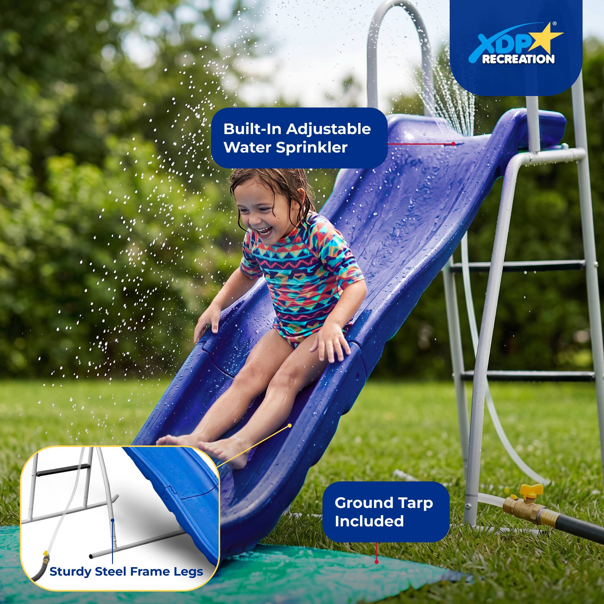 XODA RECREATION

Built-In Adjustable Water Sprinkler

Ground Tarp Included

Sturdy Steel Frame Legs