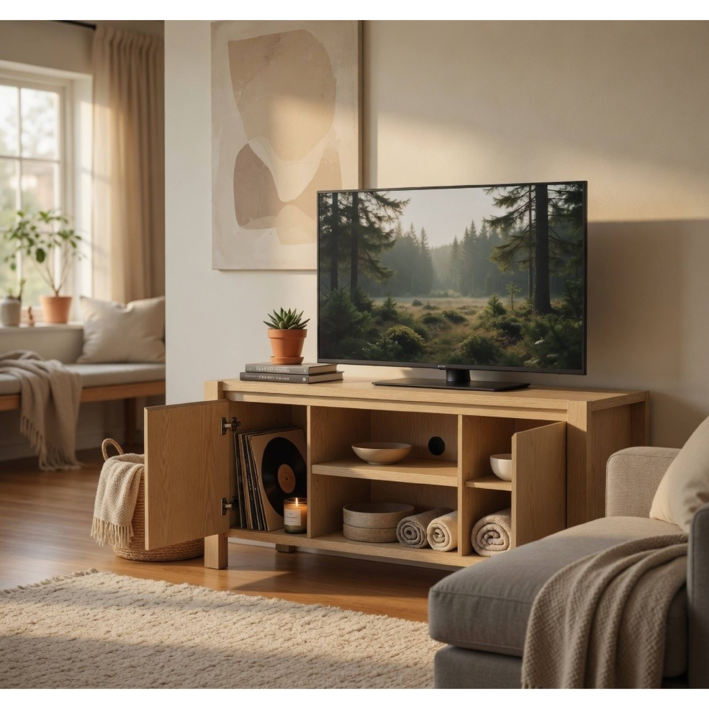 Alt View 8. Manhattan Lane - Laury TV Stand Media Console with Open Shelves, Light Oak Wood 60 Inch - Light Oak Brown.