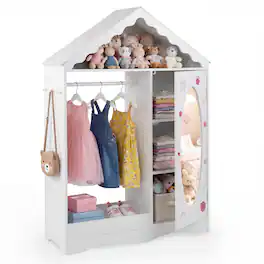Gymax - Kids Dress Up Storage w/ Mirror Roofed Wardrobe Closet w/ Open Hanging Rack - White