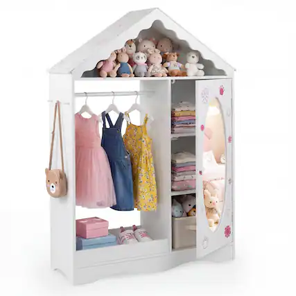 Front. Gymax - Gymax Kids Dress Up Storage w/ Mirror Roofed Wardrobe Closet w/ Open Hanging Rack White - White.