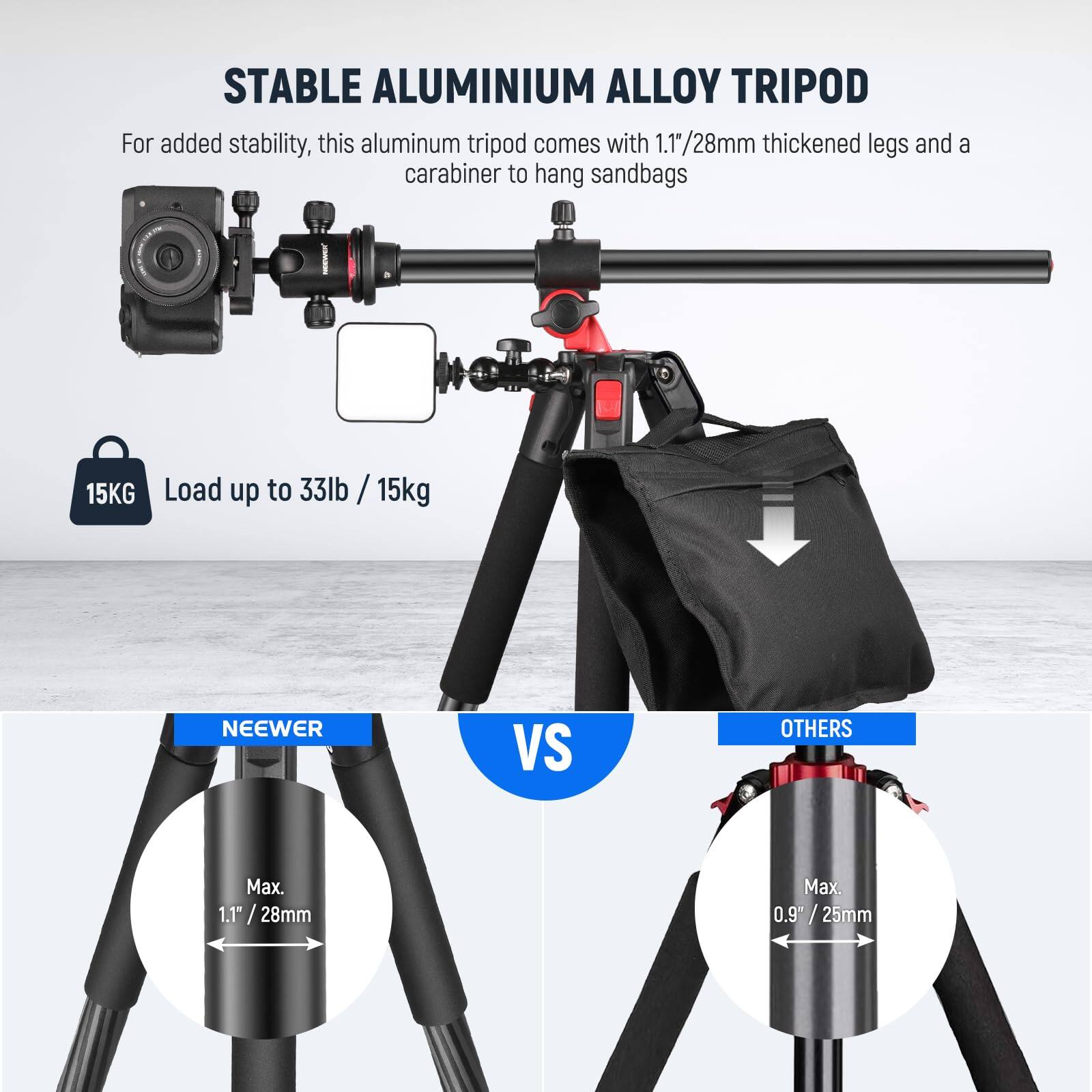 STABLE ALUMINIUM ALLOY TRIPOD

For added stability, this aluminum tripod comes with 1.1"/28mm thickened legs and a carabiner to hang sandbags

Load up to 33lb / 15kg

NEEWER VS OTHERS

Max. 1.1" / 28mm

Max. 0.9" / 25mm