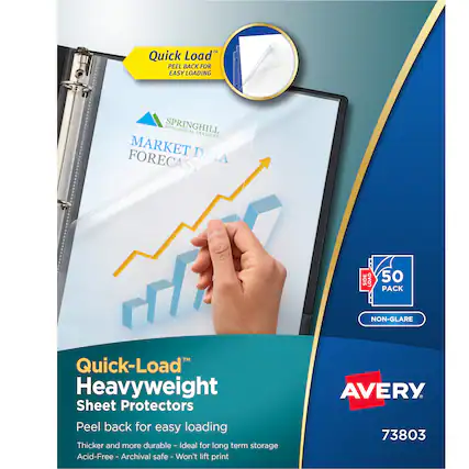 - Quick Load™ "PEEL BACK FOR EASY LOADING" SPRINGHILL ECOLOGICAL SERVICES MARKET DATA FORECAST SIDE LOAD 50 PACK NON-GLARE Quick-Load Heavyweight Sheet Protectors Peel back for easy loading Thicker and more durable - Ideal for long term storage Acid-Free - Archival safe - Won't lift print AVERY 73803