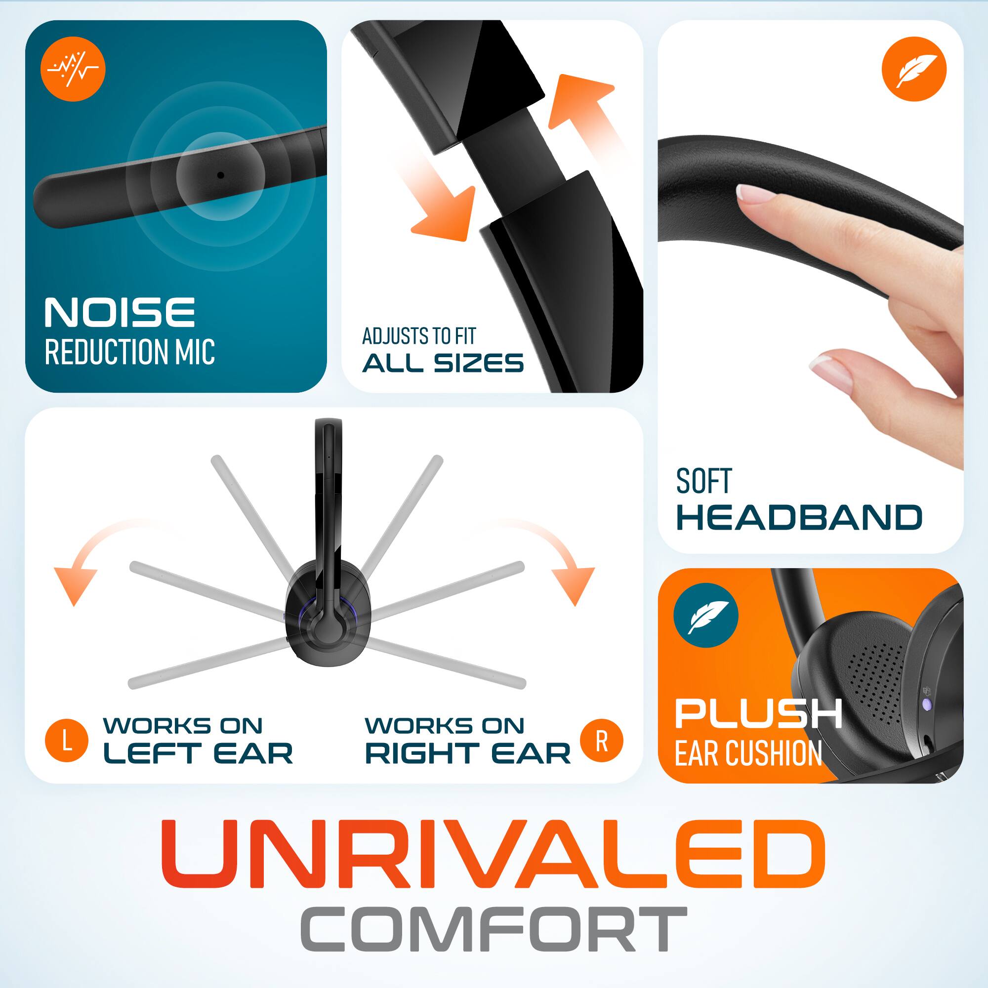 NOISE REDUCTION MIC, ADJUSTS TO FIT ALL SIZES, SOFT HEADBAND, WORKS ON L LEFT EAR, WORKS ON R RIGHT EAR, PLUSH EAR CUSHION, UNRIVALED COMFORT