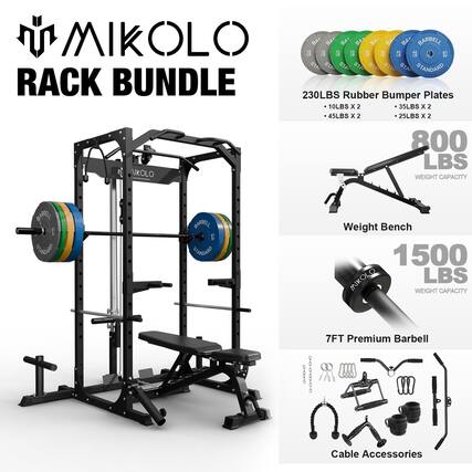 MIKOLO RACK BUNDLE 230LBS Rubber Bumper Plates 10LBS x 2 35LBS x 2 45LBS x 2 25LBS x 2 800 LBS WEIGHT CAPACITY Weight Bench 1500 LBS WEIGHT CAPACITY 7FT Premium Barbell Cable Accessories