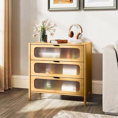 Costway - 3-Drawer Dresser with Reeded Tempered Glass Front Bamboo Storage Cabinet - Beige Costway - 3-Drawer Dresser with Reeded Tempered Glass Front Bamboo Storage Cabinet - Beige