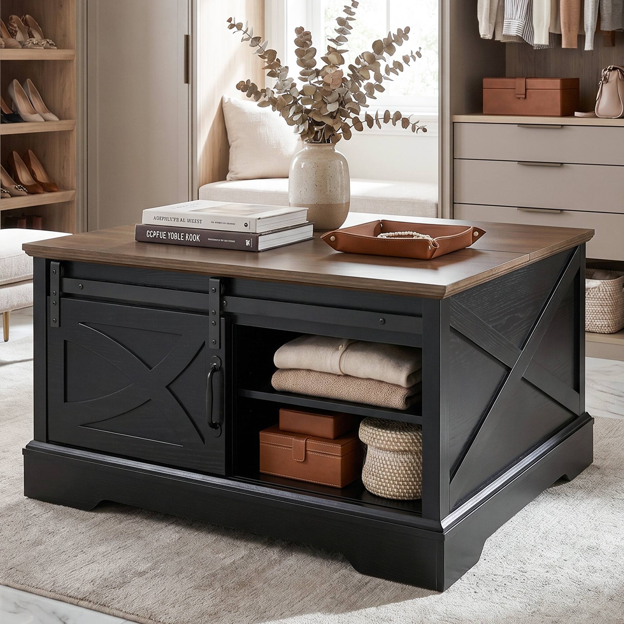 "Ihomeadore - 31.5"" Farmhouse Wood Square Lift-Top Coffee Table with Sliding Barn Door and Storage - Black" price history on PriceWatchPro