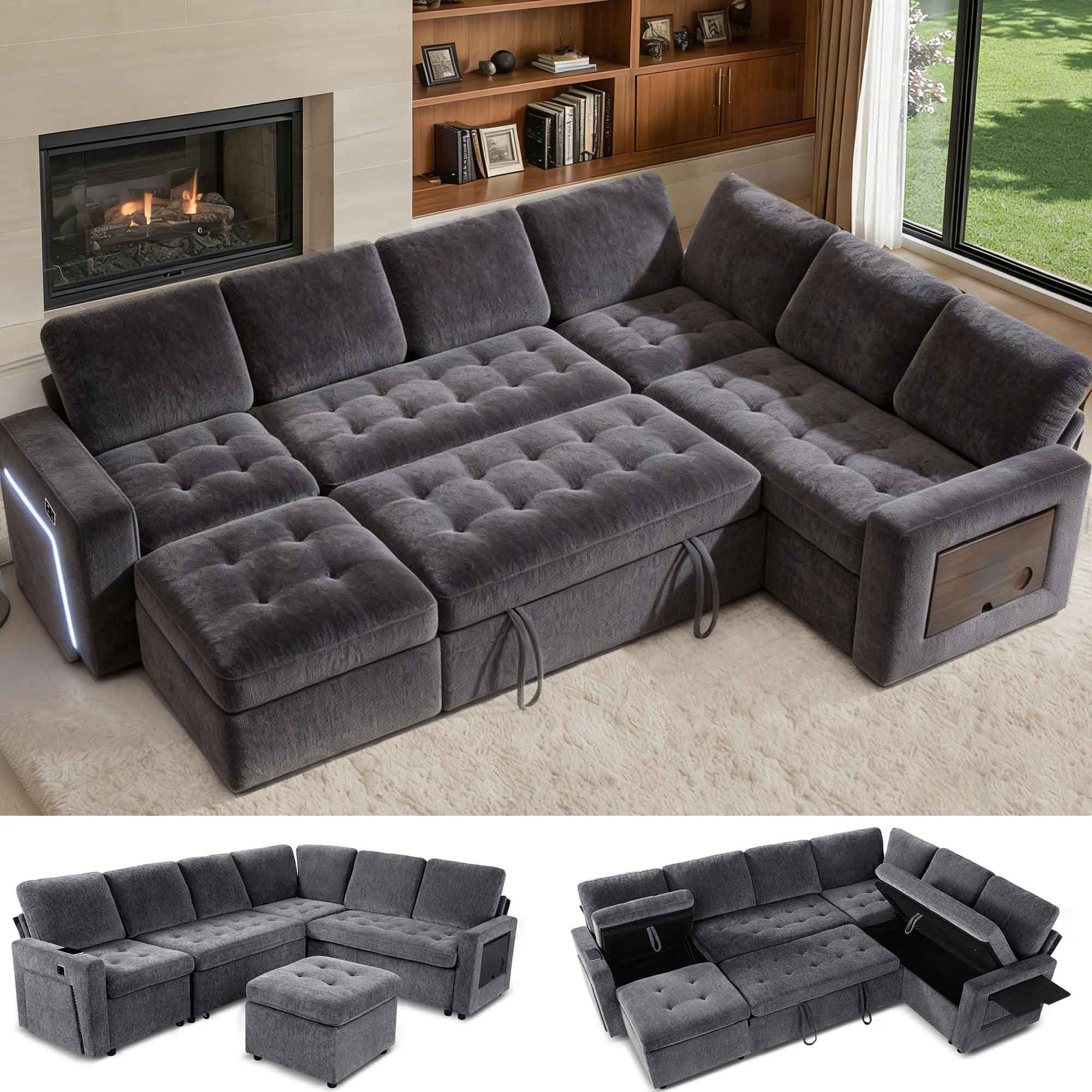 Vipbear - 7-Seat Modular Sectional Sleeper Sofa with Pull-Out Bed, Reclining Backrest, USB Ports, Table, LED Lights,Gray - Gray