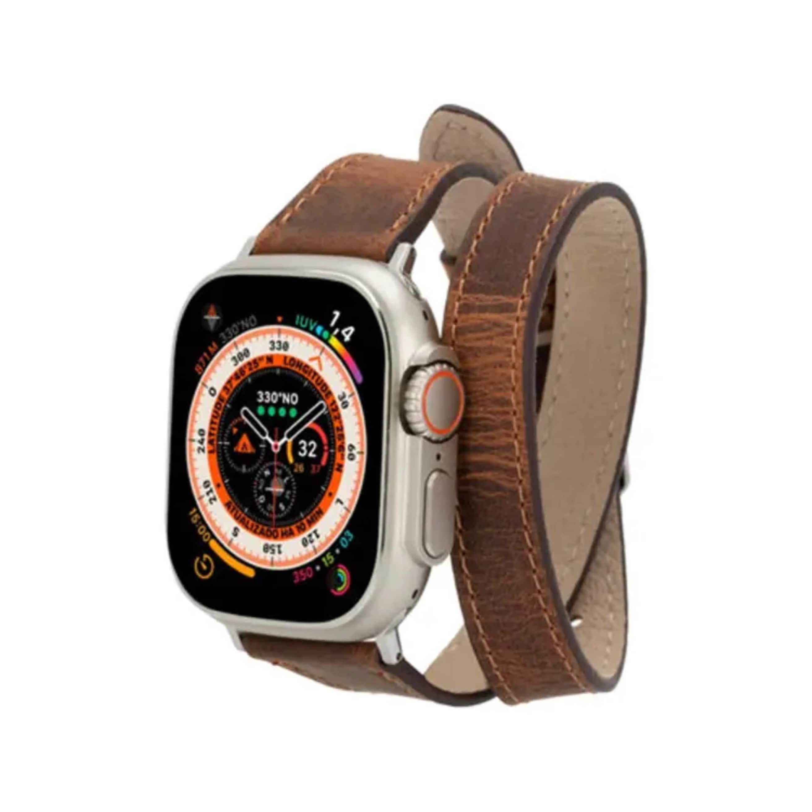 Kitcheniva - Premium Double Tour Leather Bands For Apple Watch Series 9 Ultra 2 And SE 45mm - Dark Brown