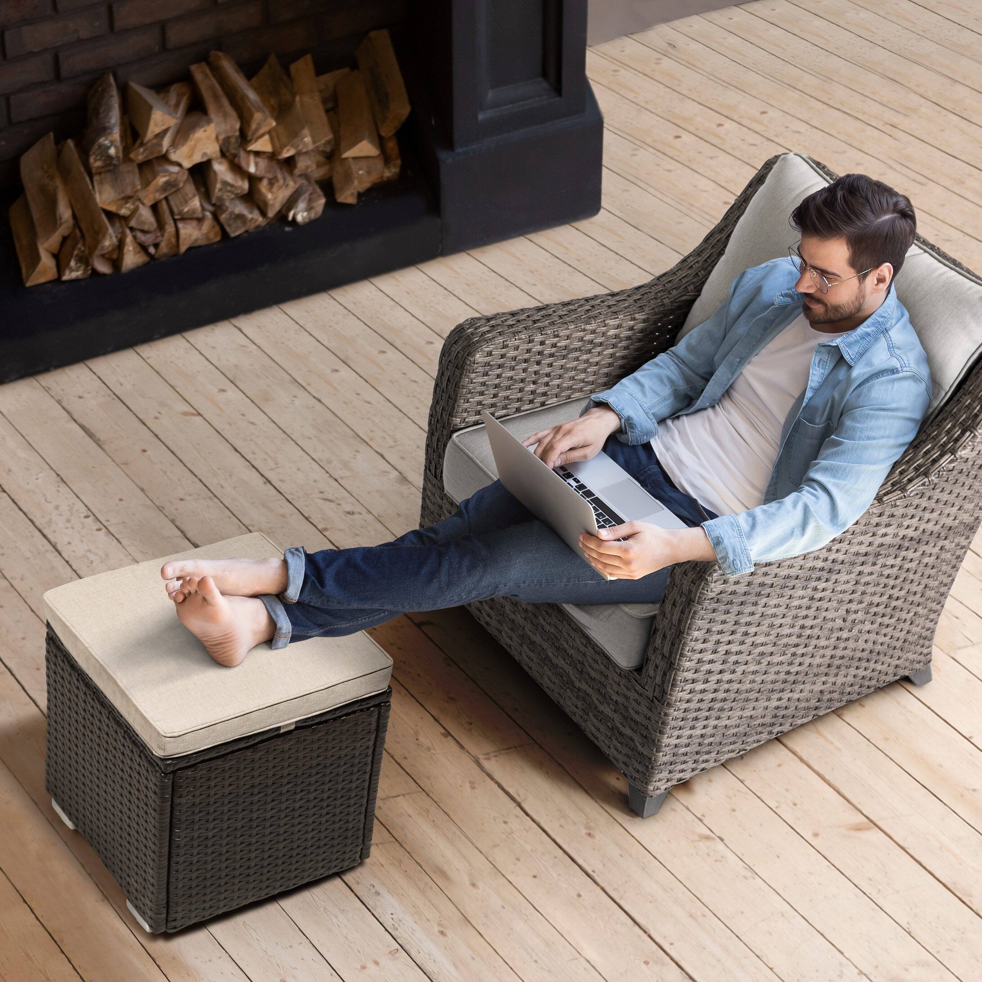 Left. Nuu Garden - 2-Piece Wicker Patio Ottomans with Detachable Cushions, Outdoor Wicker Side Tables, Hidden Storage - Black and Beige.