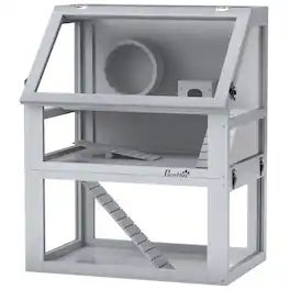 Pawhut - Tier Wooden Hamster Cage w/ Detachable Bottom, Hut, Seesaw, Exercise Wheel, Ramps - Natural Wood