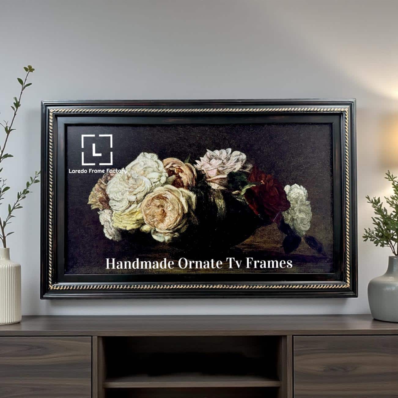 LAREDO FRAME FACTORY - 55 inch Handmade Ornate Tv frame for Samsung The Frame tv and Frame Pro Model - DISTRESSED BLACK WITH GOLD