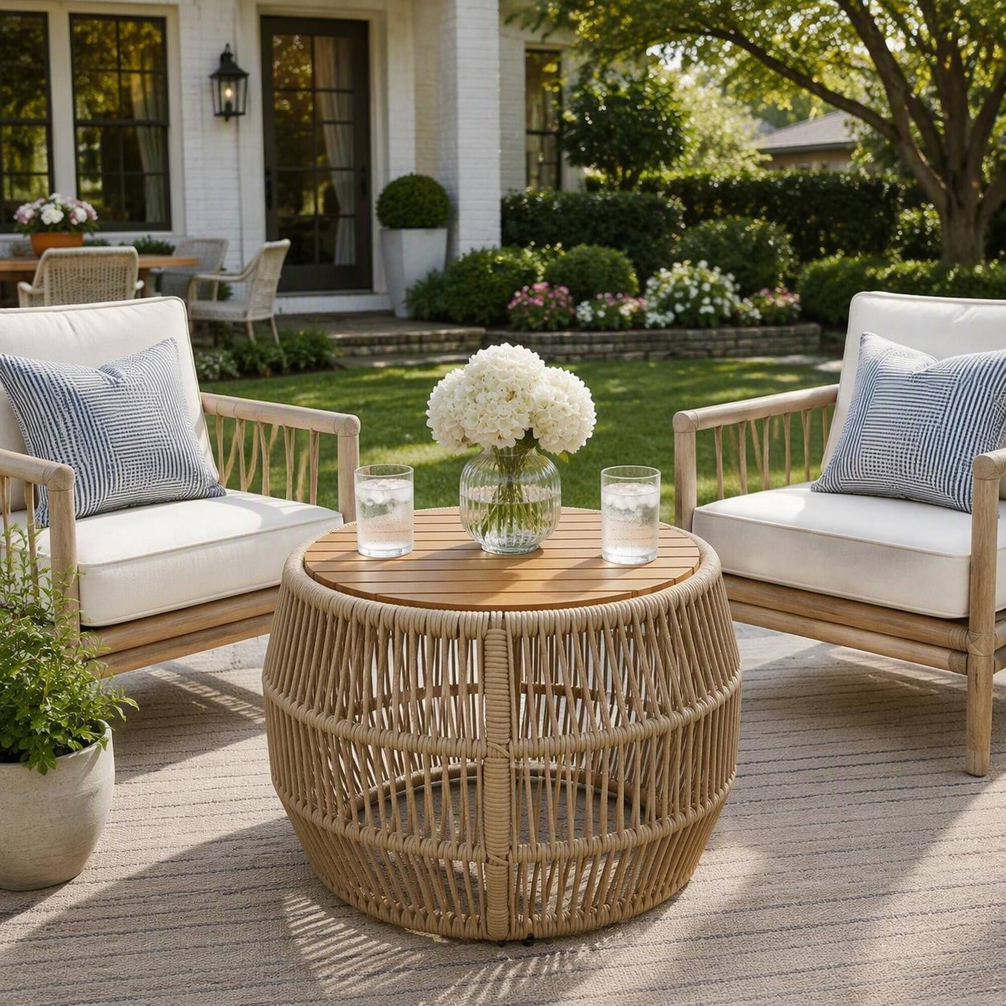 Back. RYHNUYNE - Outdoor Round Coffee Table,Rattan Rope & Acacia Wood Patio Furniture, \Weather Resistant for Garden Yard Balcony - Light beige,Teak.