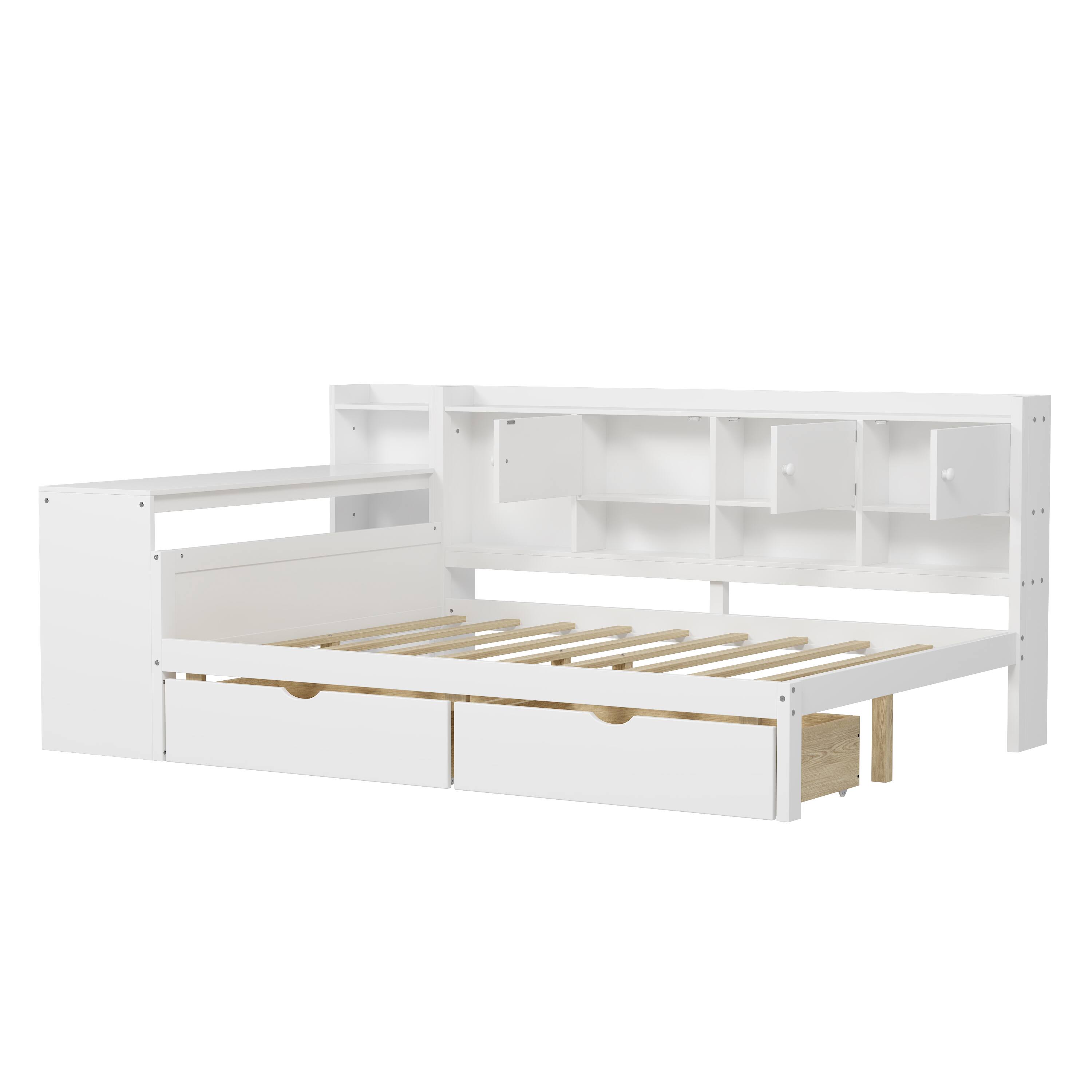 Alt View 2. Tiramisubest - Wooden L-Shape Daybed with Storage Cabinets and Drawers, Multi-functional Bed with Study Desk and Built-in Bookshelf - White.