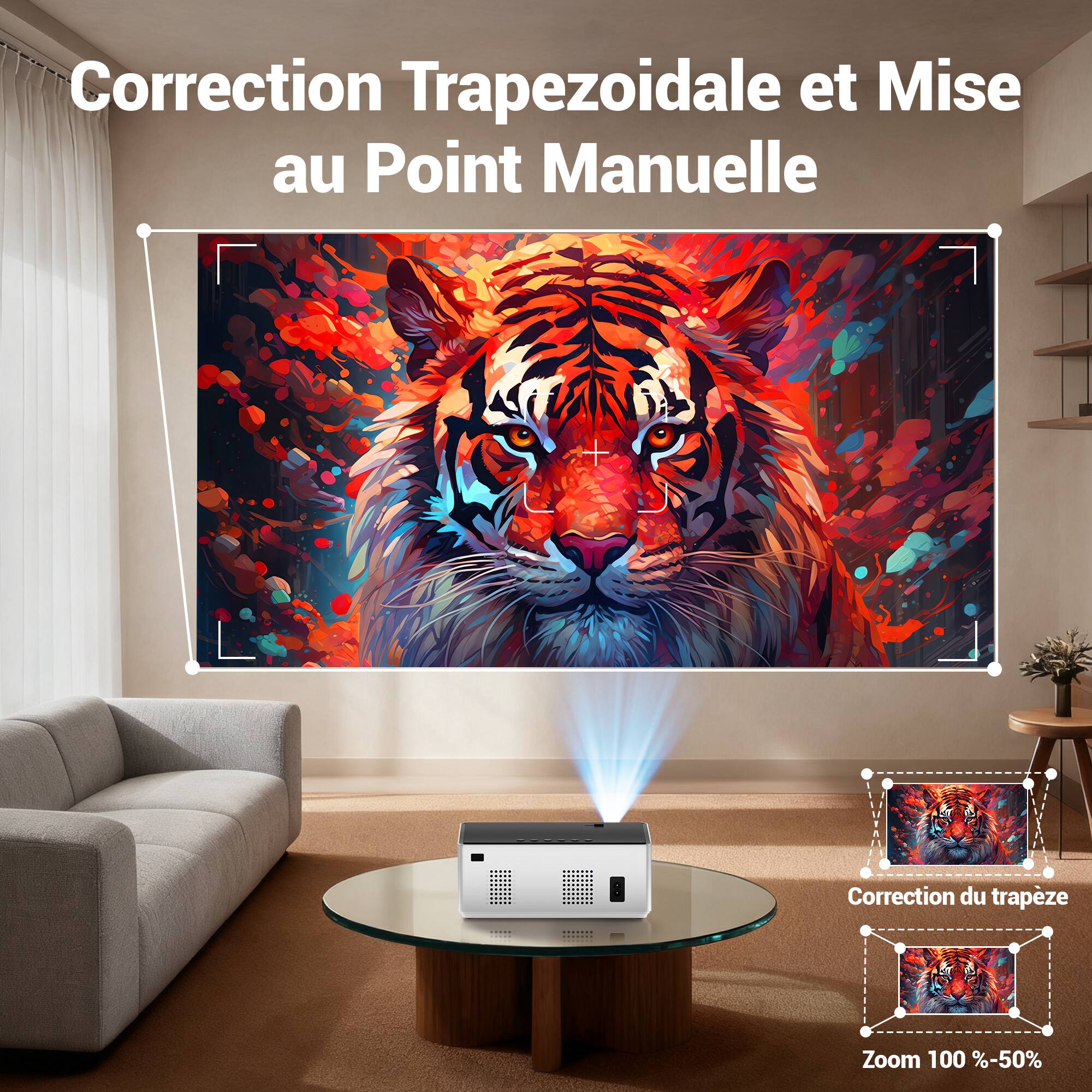 Correction Trapezoidale et Mise au Point Manuelle  
Correction du trapèze  
Zoom 100 % - 50 %