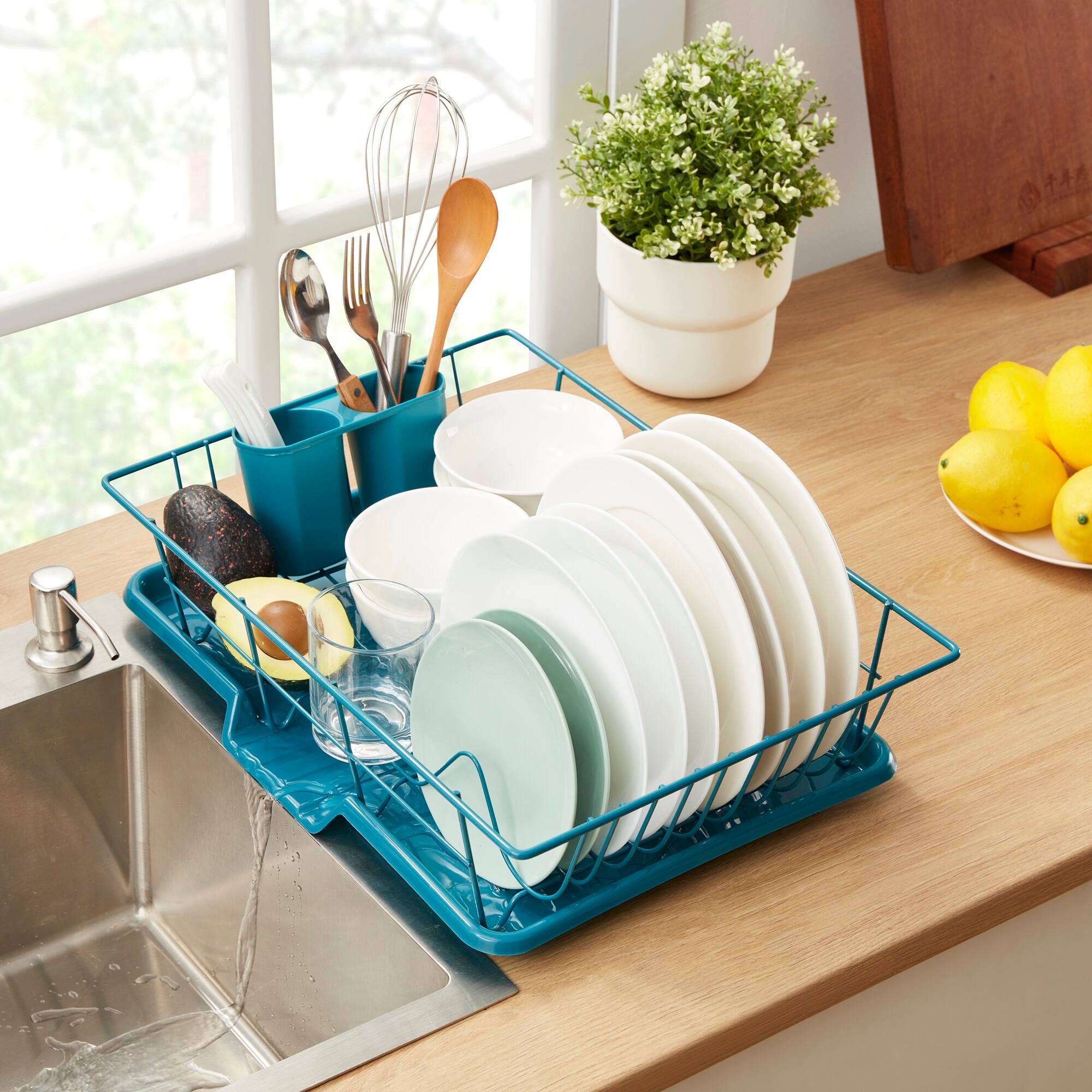 Back. Sweet Home Collection - Steel 3-Piece Large Countertop Dish Drainer with Drain Board & Utensil Holder - Teal.