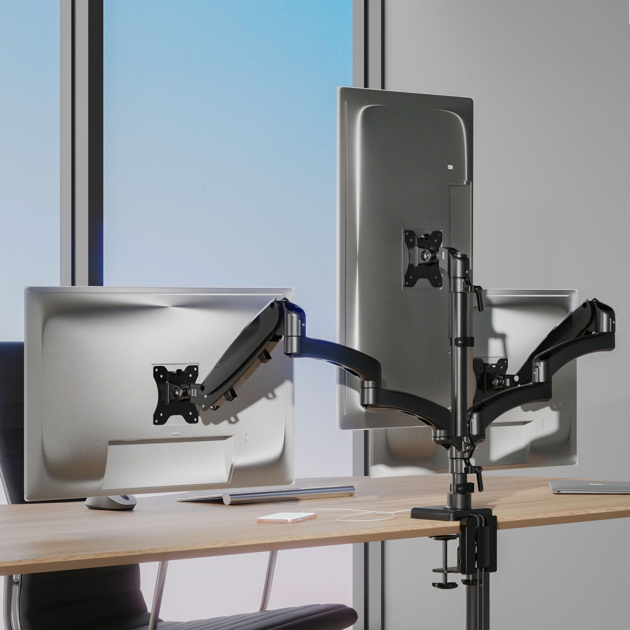 Left. Mount-It! - Triple Monitor Desk Mount with Gas Spring Arms for Monitors up to 32″ with USB-C Port, Black - Black.