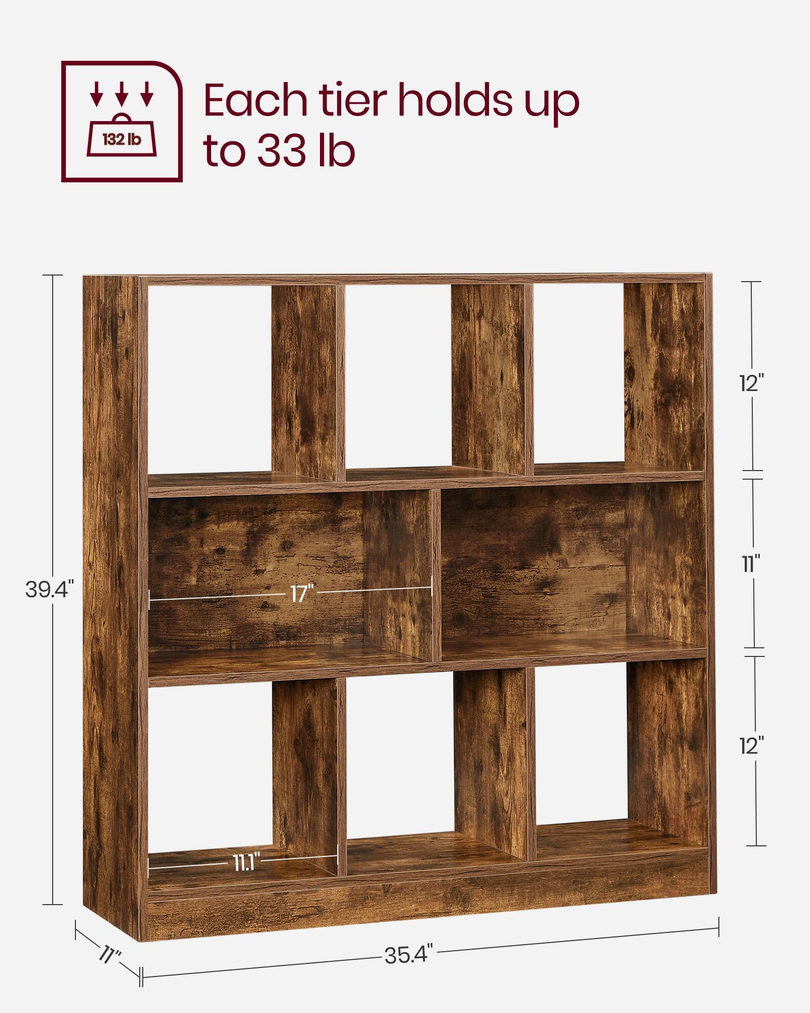 Each tier holds up to 33 lb

132 lb

Dimensions:
- Height: 39.4"
- Width: 35.4"
- Depth: 17"
- Shelf spacing: 12"
- Shelf depth: 11"
- Shelf height: 11.1"