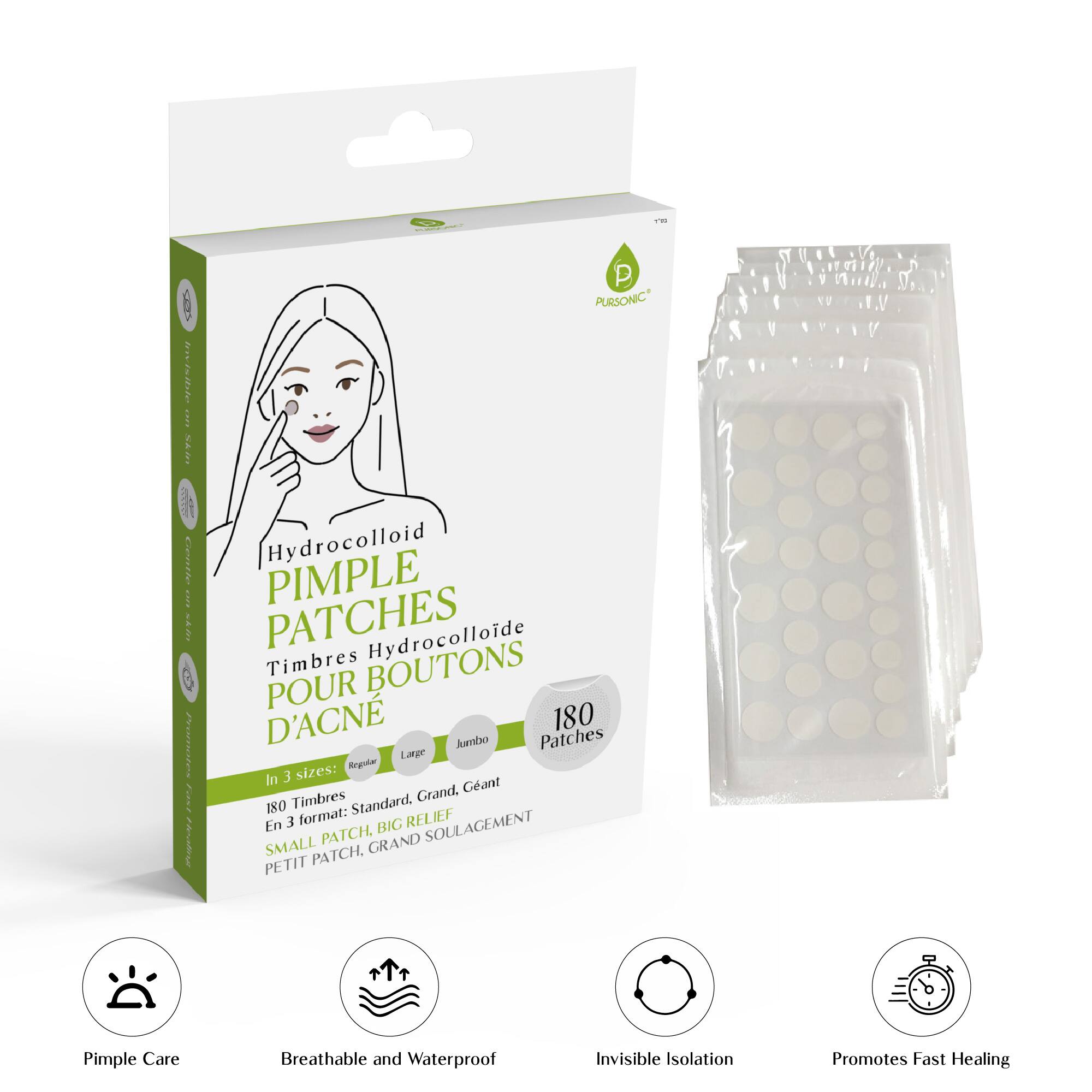 Sure, here is the corrected and grouped text from the image:

---

**PURSONIC**

**Hydrocolloid PIMPLE PATCHES**  
**Timbres Hydrocolloïde POUR BOUTONS D'ACNE**

**In 3 sizes:**  
- Regular  
- Large  
- Jumbo  

**180 Timbres**  
**En 3 formats:**  
- Standard  
- Grand  
- Géant  

**SMALL PATCH, BIG RELIEF**  
**PETIT PATCH, GRAND SOULAGEMENT**

**Pimple Care**  
**Breathable and Waterproof**  
**Invisible Isolation**  
**Promotes Fast Healing**

---

This text is organized to reflect the information on the packaging clearly and accurately.