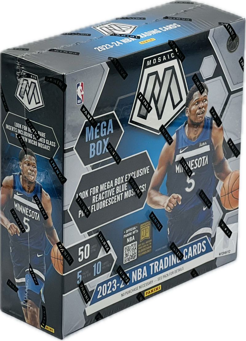 NBA Trading Cards  
2023-24  
Mosaic  
Panini  
Mega Box  
Exclusive for Minnesota  
Look for 1 of 1 Rare Inserts Including New Micro Mosaic!  
Glass Reactive Fluorescent  
50 Cards per Box  
10 Packs per Box  
5 Packs per Box  
NBA Official NFTs  
See Pack for Details  
No Purchase Necessary