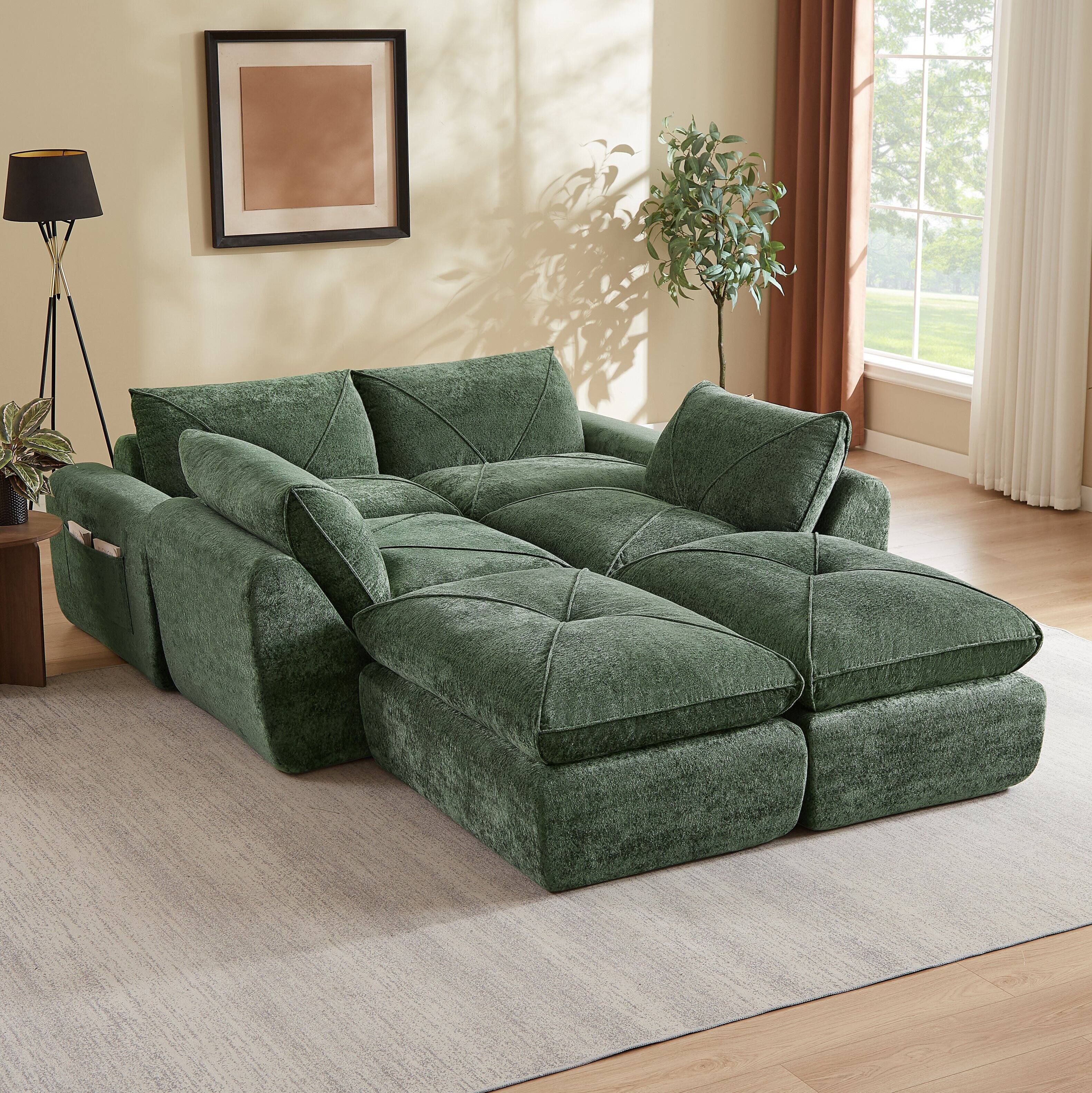 Alt View 1. Loheer - Loheer Large Living Room Sectional Chenille Sofa with Footrest 152 Inch Modern Modular Couch for Family - Green.