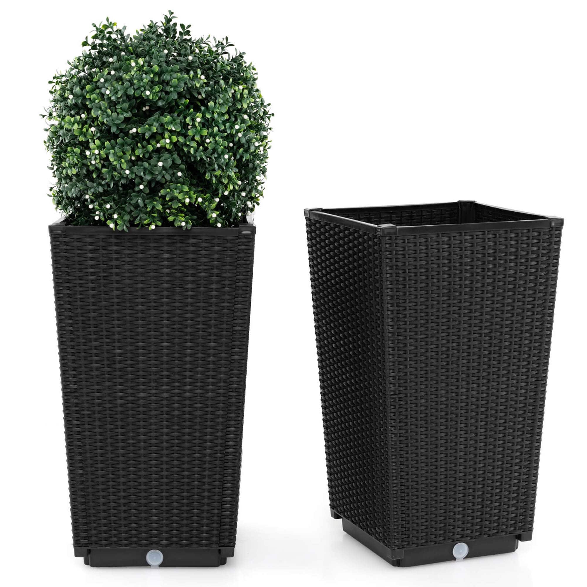 Costway - 23" Tall Planters Set of 2 Rattan Wicker Plant Pot Self-watering Tree Pot - Black