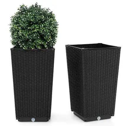 Front. Costway - 23" Tall Planters Set of 2 Rattan Wicker Plant Pot Self-watering Tree Pot - Black.
