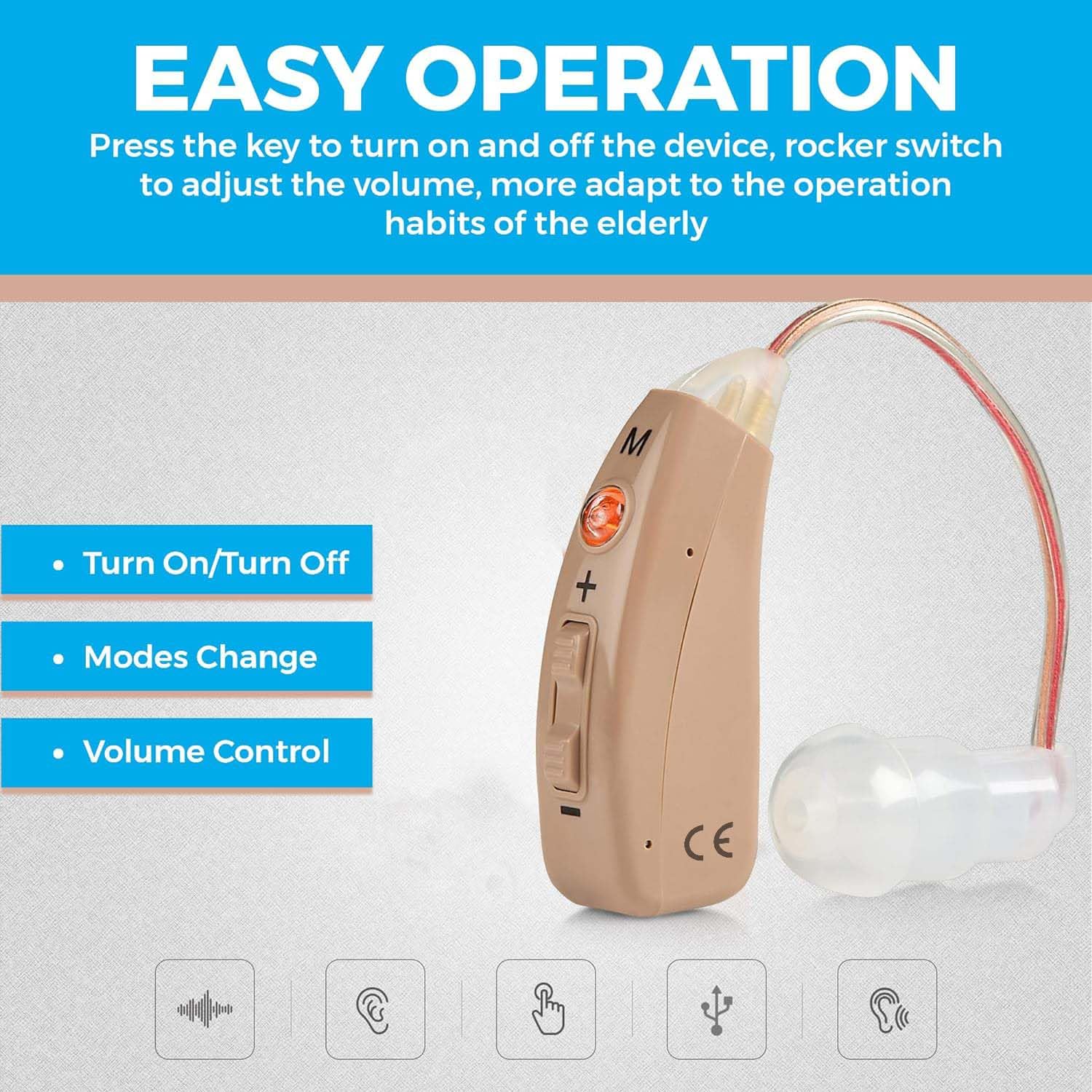 EASY OPERATION

Press the key to turn on and off the device, rocker switch to adjust the volume, more adapt to the operation habits of the elderly

- Turn On/Turn Off
- Modes Change
- Volume Control