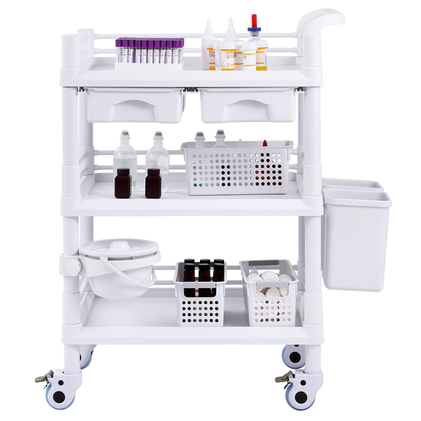 Alt View 5. VEVOR - 3 Tiers Lab Carts, Lab Utility Cart with 3 Trays & 4 Silent Wheels, Mobile Medical Cart with PP Material, 3 Trash Cans - White.