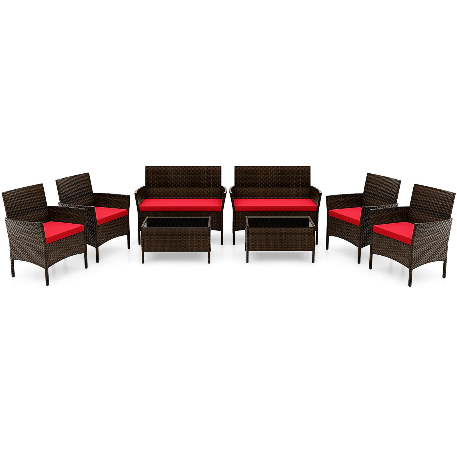 Costway - 8PCS Patio Rattan Furniture Set Cushioned Sofa Coffee Table Backyard Porch - Red