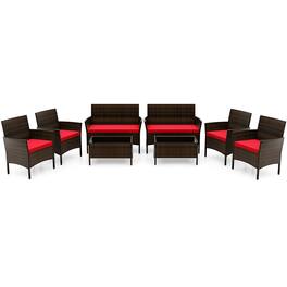 Costway - 8PCS Patio Rattan Furniture Set Cushioned Sofa Coffee Table Backyard Porch - Red