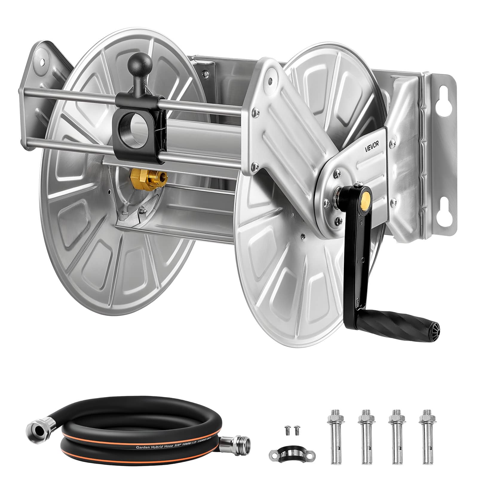 VEVOR - Wall Mounted Garden Hose Reel, Holds 150 ft 5/8-inch Water Hose Winder, Heavy-Duty Stainless Steel, Outdoor Manual Reel - Silver