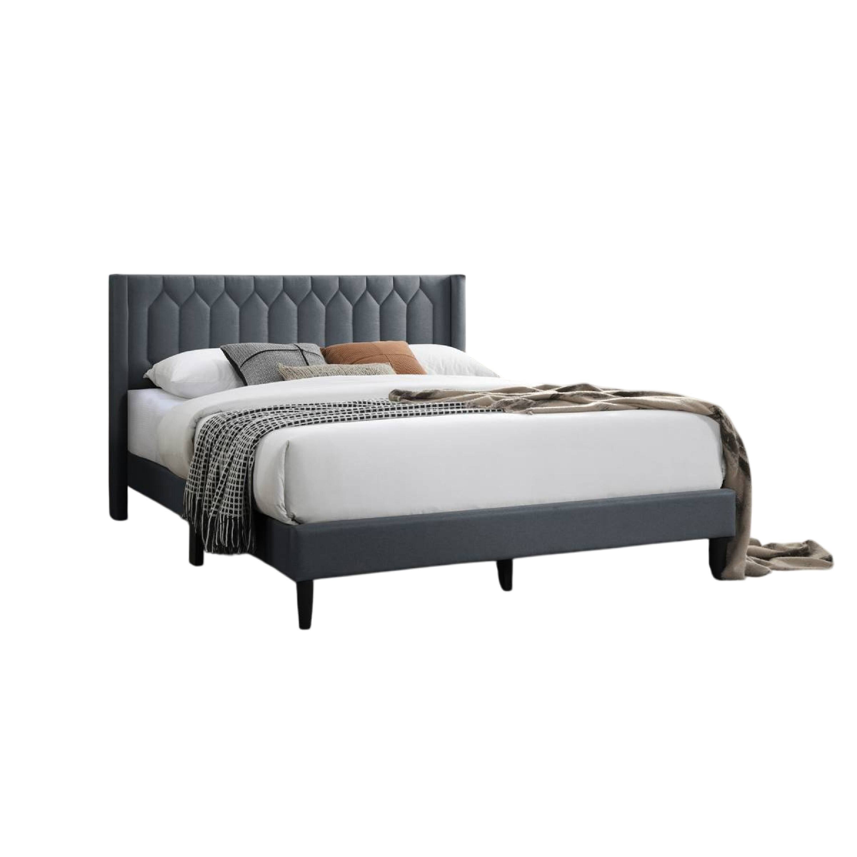 Alt View 2. Manhattan Lane - Jeo Queen Size Bed, Geometric Stitched Charcoal Gray Burlap Upholstery - Charcoal Gray, Black.