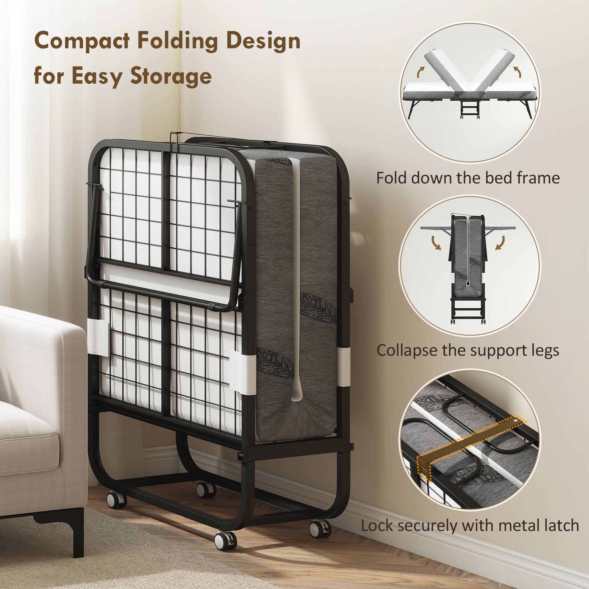 Compact Folding Design for Easy Storage

- Fold down the bed frame
- Collapse the support legs
- Lock securely with metal latch