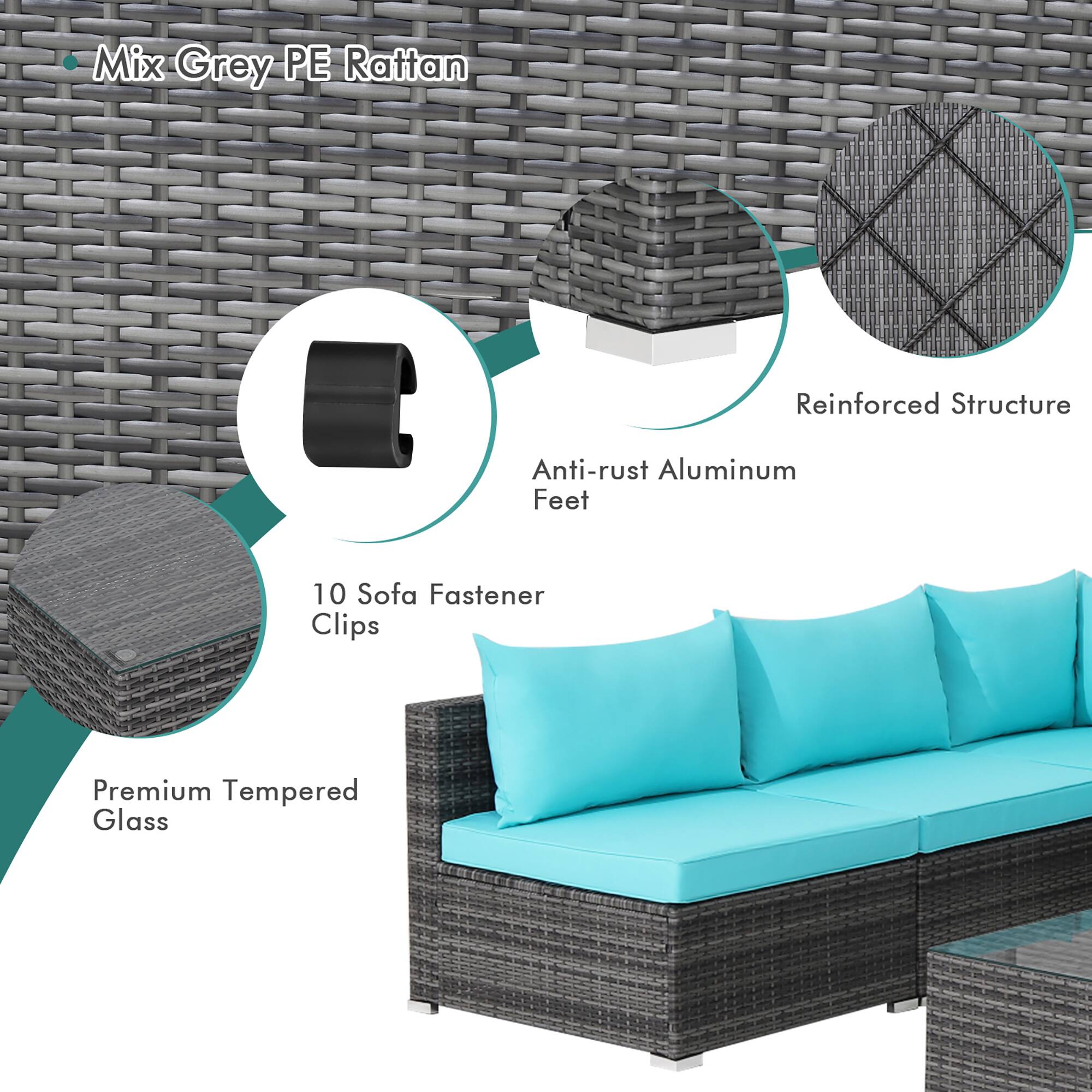 Mix Grey PE Rattan Reinforced Structure Anti-rust Aluminum Feet 10 Sofa Fastener Clips Premium Tempered Glass