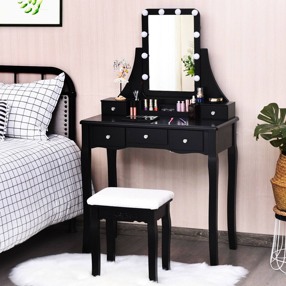 Alt View 7. Ecooso - Makeup Vanity Desk with 10 Dimmable Bulbs, Divider Organizer and Cozy Stool for Dressing Room - Black.