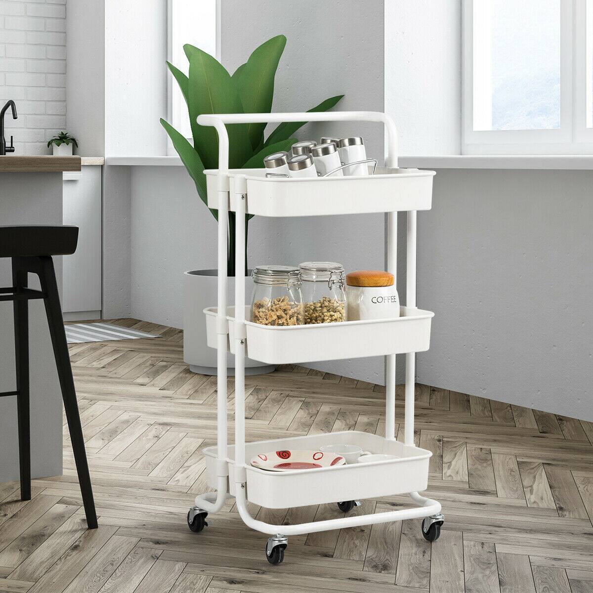 Alt View 2. Gymax - Gymax 3 Tier Rolling Cart W/Wheels Practical Handle&ABS Storage Basket Organizer White - White.