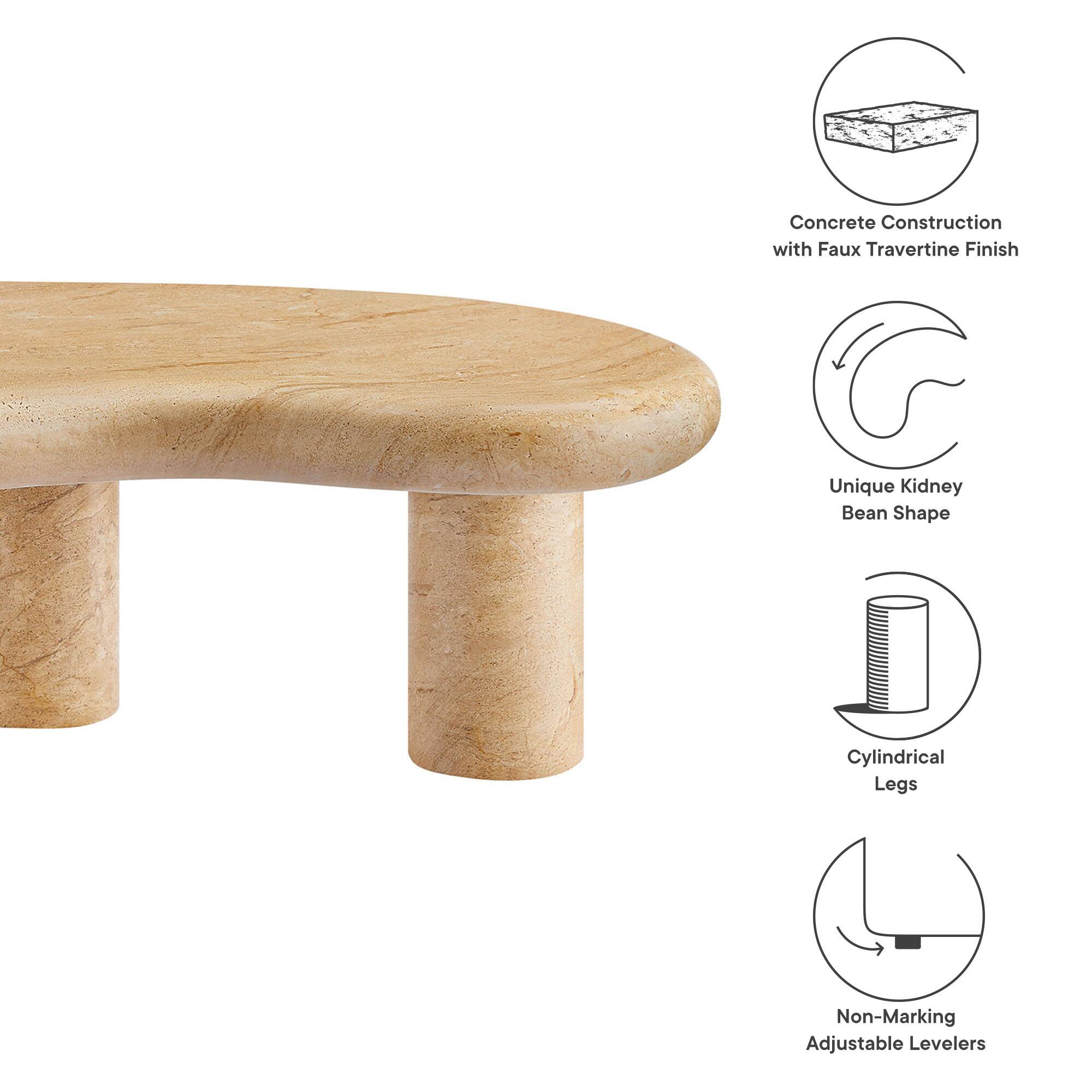 Concrete Construction with Faux Travertine Finish  
Unique Kidney Bean Shape  
Cylindrical Legs  
Non-Marking Adjustable Levelers