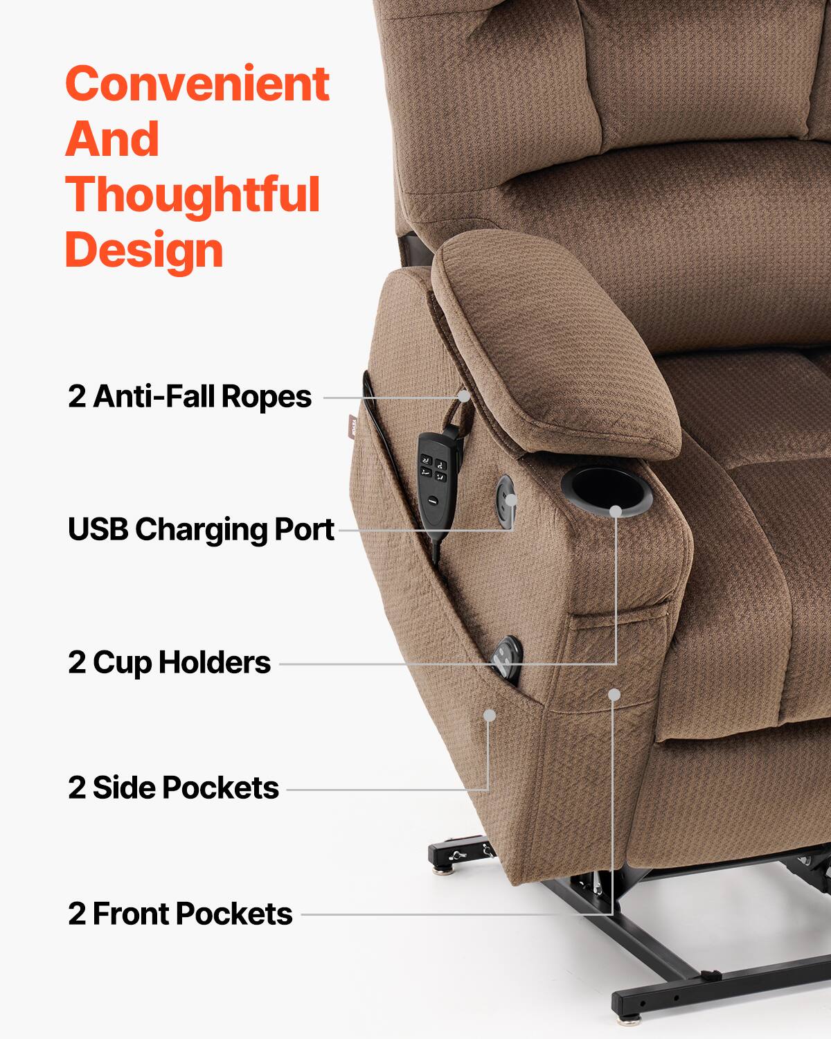 Convenient And Thoughtful Design

2 Anti-Fall Ropes

USB Charging Port

2 Cup Holders

2 Side Pockets

2 Front Pockets