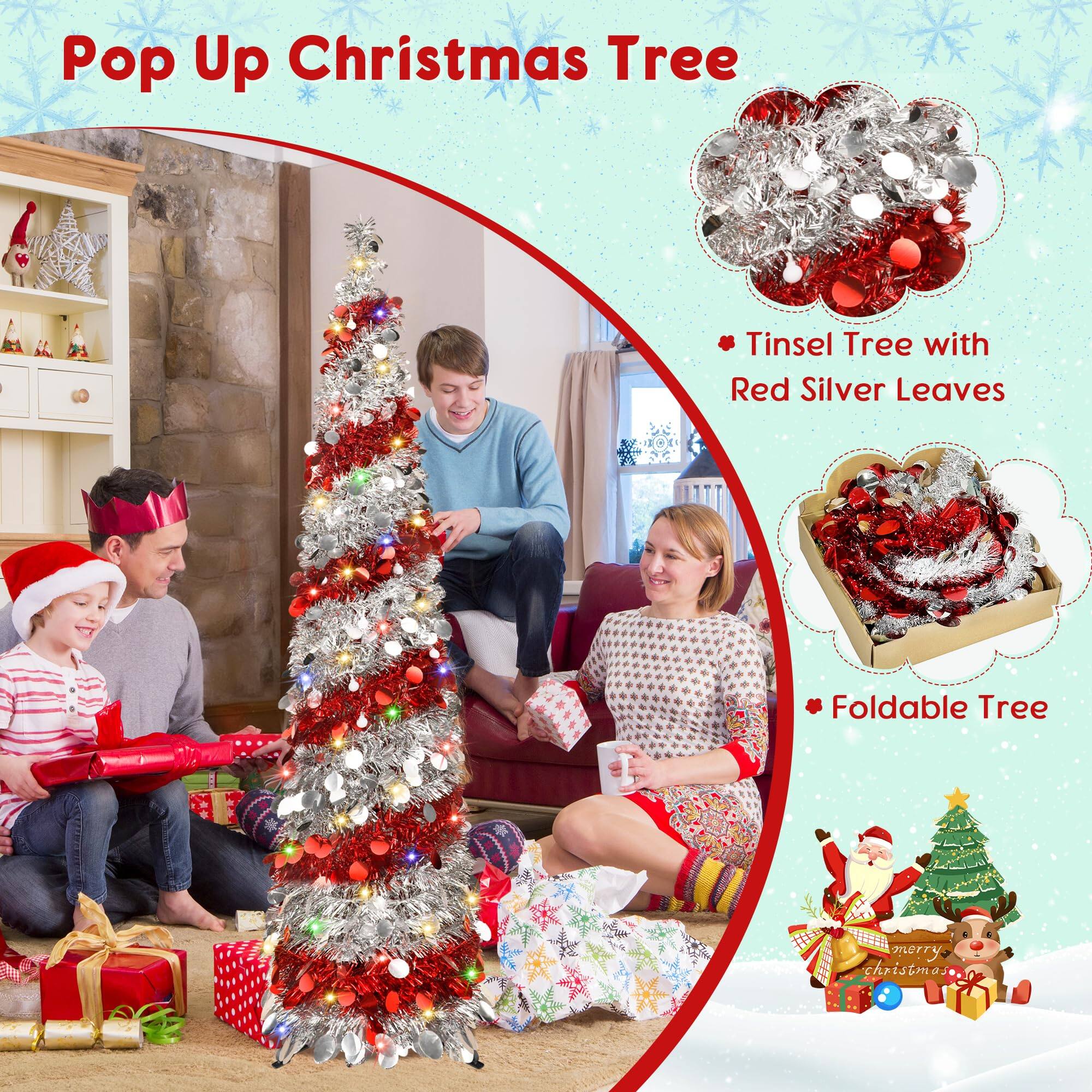 Pop Up Christmas Tree

- Tinsel Tree with Red Silver Leaves
- Foldable Tree

merry christmas